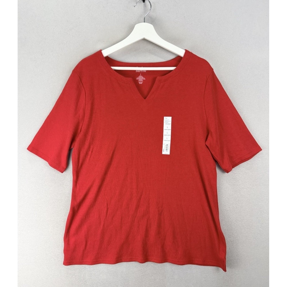 Croft & Barrow Women's Large Red Split Neck Elbow Sleeve Classic Tee Shirt NWT